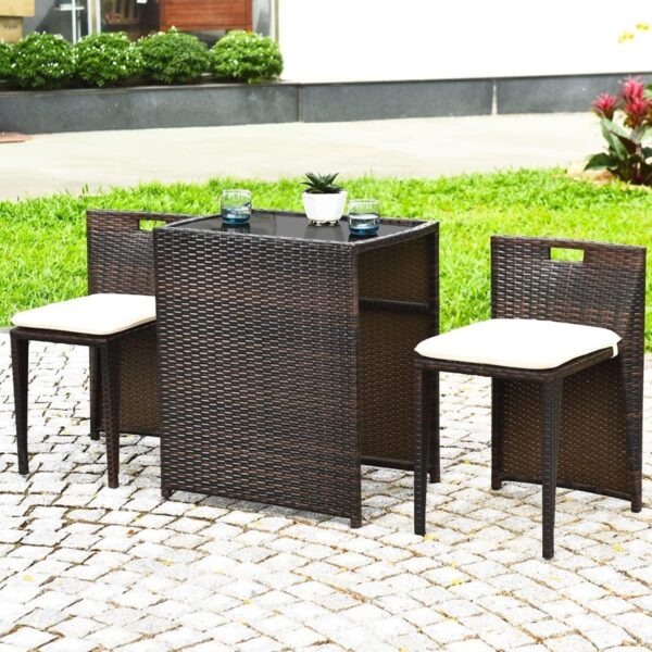Stylish 3-Piece Rattan Outdoor Patio Furniture Set with Cushioned Chairs & Glass-Top Table – Perfect for Relaxation and Comfort - Brown (VI-DNS-11) - Image 3