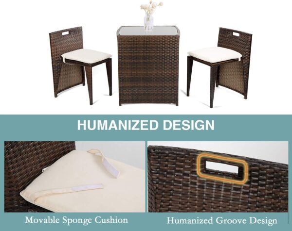 Stylish 3-Piece Rattan Outdoor Patio Furniture Set with Cushioned Chairs & Glass-Top Table – Perfect for Relaxation and Comfort - Brown (VI-DNS-11) - Image 8