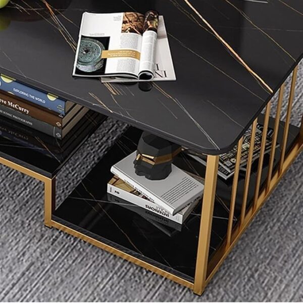 Coffee Table with Storage, Rectangular Sofa Tables Open Shelf for Living Room, Center Marble Finish and Metal Frame Dining Home Office (Black Marble + Gold) - Image 7