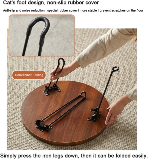 Round Foyer Table, Folding Desk Without Shaking Blister Desktop, Creative Round Coffee Table for Small Space Eating, Dinner Folding Side Desk with Metal Frame, Riginal Wood - Image 5
