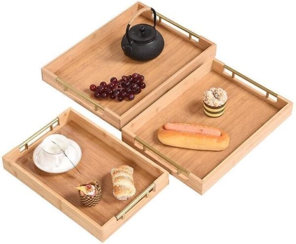 Emirates Living Bamboo Serving Tray with Handles - 3 Pack Wooden Serving Tray With Handles - Rectangular Tray Large, Small, Medium - Breakfast Wooden Tray (BEIGE) - Image 4