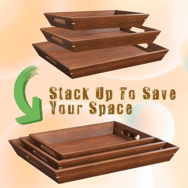 Emirates Living Bamboo Serving Tray with Handles - 3 Pack Wooden Serving Tray With Handles - Rectangular Tray Large, Small, Medium - Breakfast Wooden Tray (BEIGE) - Image 18