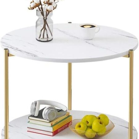 Emirates Living Round Coffee Table - 23.6" Small 2-Tier End Table with Open Storage Shelf, White Wooden Table Top Gold Metal Frame Side Table