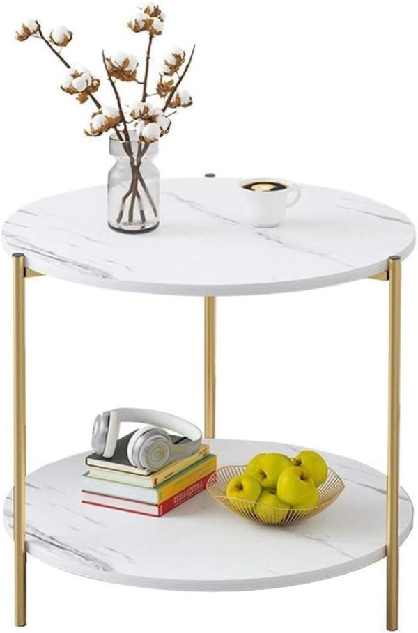Emirates Living Round Coffee Table - 23.6" Small 2-Tier End Table with Open Storage Shelf, White Wooden Table Top Gold Metal Frame Side Table