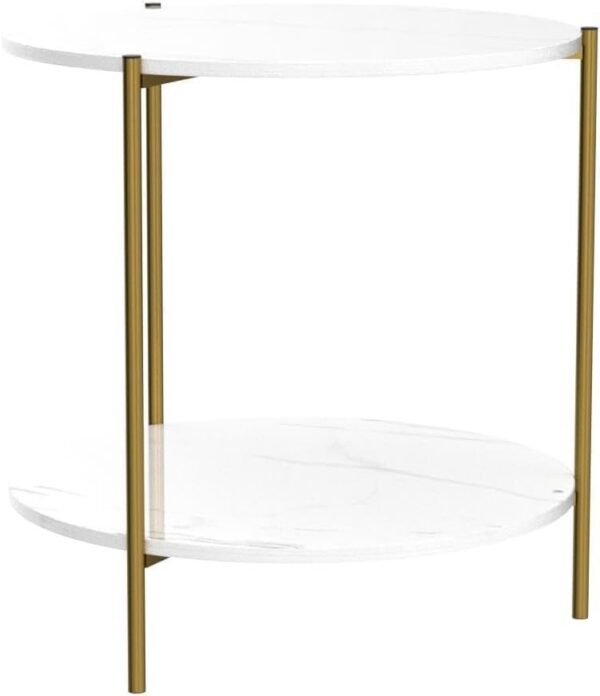Emirates Living Round Coffee Table - 23.6" Small 2-Tier End Table with Open Storage Shelf, White Wooden Table Top Gold Metal Frame Side Table - Image 2