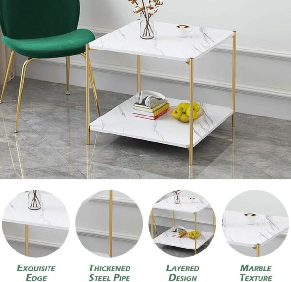 Emirates Living Round Coffee Table - 23.6" Small 2-Tier End Table with Open Storage Shelf, White Wooden Table Top Gold Metal Frame Side Table - Image 4