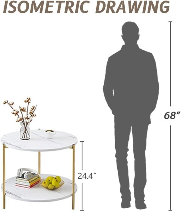 Emirates Living Round Coffee Table - 23.6" Small 2-Tier End Table with Open Storage Shelf, White Wooden Table Top Gold Metal Frame Side Table - Image 6