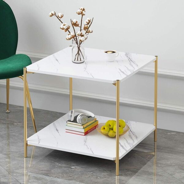 Emirates Living Square Coffee Table - 23.6" Small 2-Tier End Table with Open Storage Shelf, White Wooden Table Top Gold Metal Frame Side Table