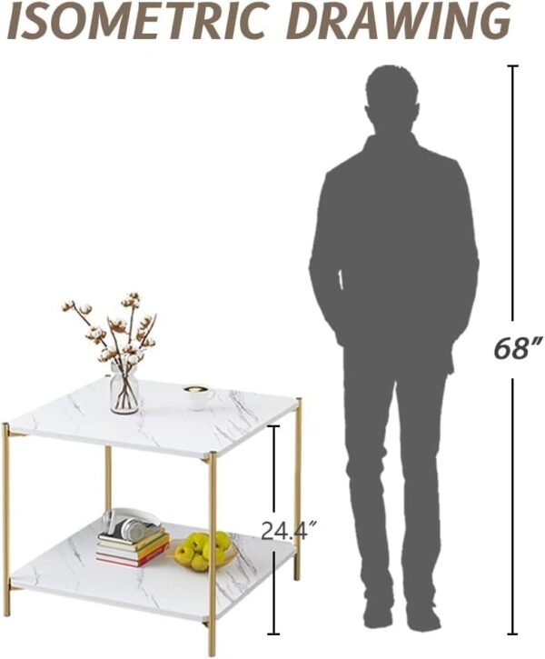 Emirates Living Square Coffee Table - 23.6" Small 2-Tier End Table with Open Storage Shelf, White Wooden Table Top Gold Metal Frame Side Table - Image 2