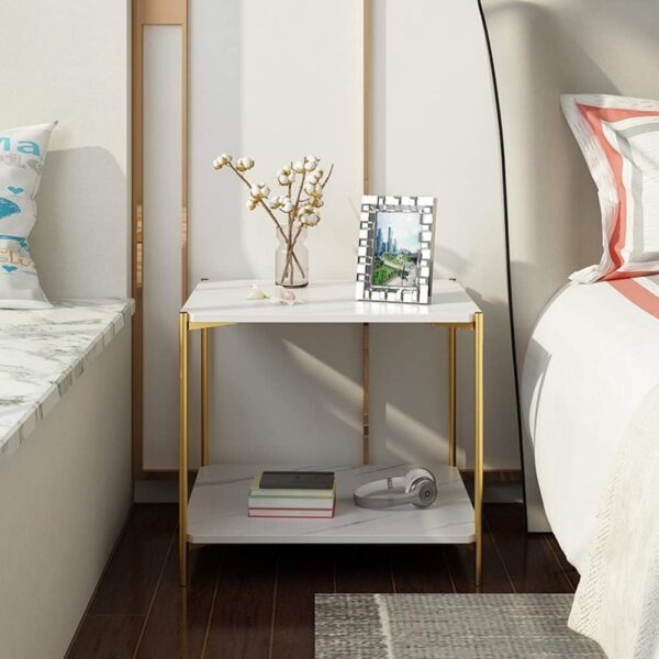 Emirates Living Square Coffee Table - 23.6" Small 2-Tier End Table with Open Storage Shelf, White Wooden Table Top Gold Metal Frame Side Table - Image 4