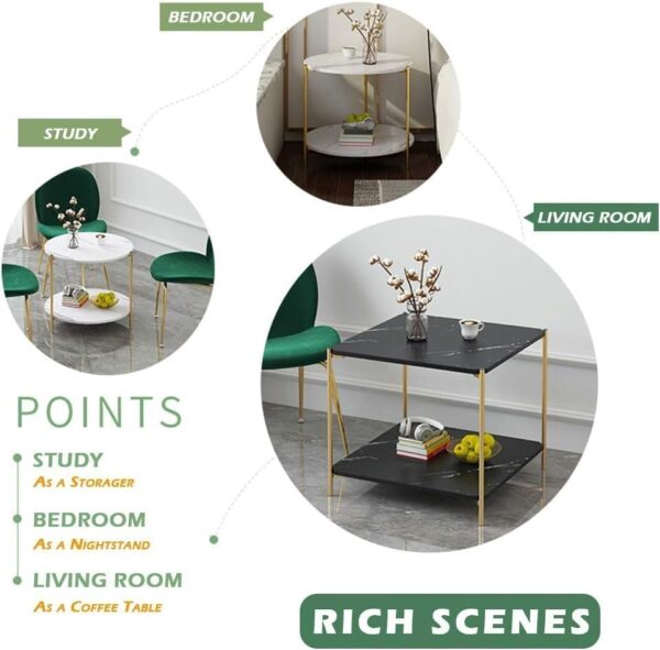 Emirates Living Square Coffee Table - 23.6" Small 2-Tier End Table with Open Storage Shelf, White Wooden Table Top Gold Metal Frame Side Table - Image 6