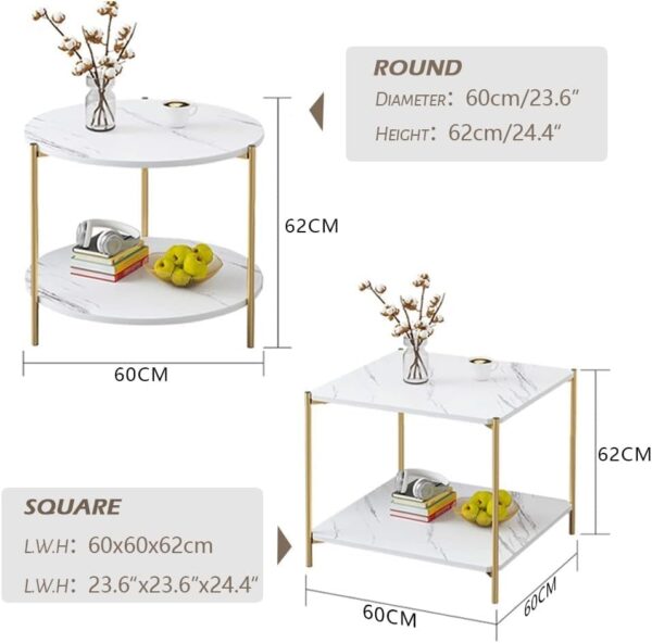 Emirates Living Square Coffee Table - 23.6" Small 2-Tier End Table with Open Storage Shelf, White Wooden Table Top Gold Metal Frame Side Table - Image 8