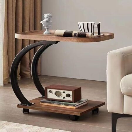Emirates Living Mobile C Shaped Side end Table With Wheels, Sofa end Table, 2 Layer Wooden top Tray for Living Room Bedroom