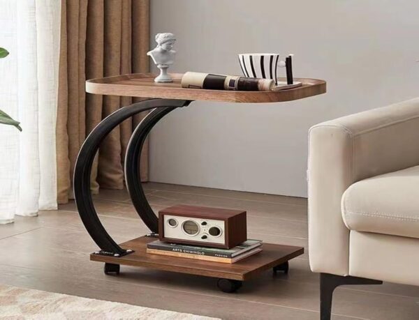 Emirates Living Mobile C Shaped Side end Table With Wheels, Sofa end Table, 2 Layer Wooden top Tray for Living Room Bedroom