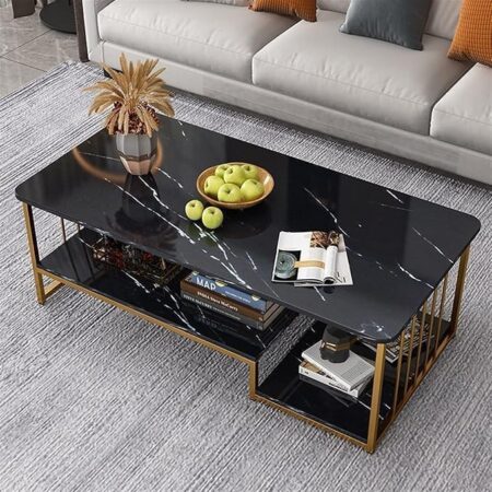 Emirates Living Coffee Table with Storage, Rectangular Sofa Tables Open Shelf for Living Room, Center Marble Finish and Metal Frame Dining Home Office (Black Marble + Gold)