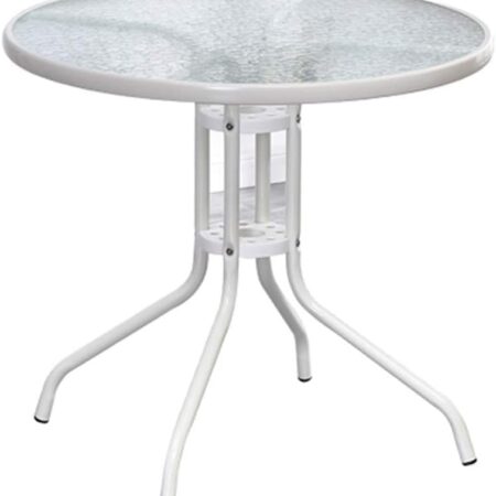 Emirates Living Stylish Round Patio Table with Tempered Glass Top and Durable Metal Frame (WHITE)