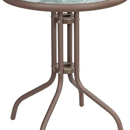 Emirates Living Stylish Round Patio Table with Tempered Glass Top and Durable Metal Frame (BROWN)