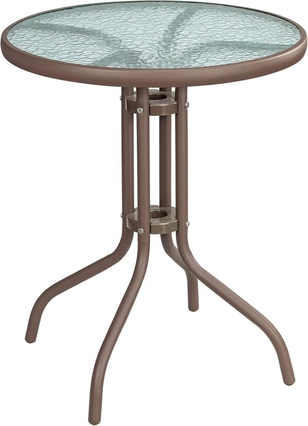 Emirates Living Stylish Round Patio Table with Tempered Glass Top and Durable Metal Frame (BROWN)