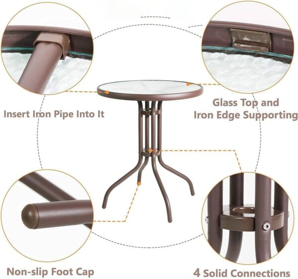 Emirates Living Stylish Round Patio Table with Tempered Glass Top and Durable Metal Frame (BROWN) - Image 4
