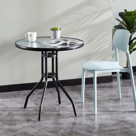 Emirates Living Stylish Round Patio Table with Tempered Glass Top and Durable Metal Frame (BLACK)