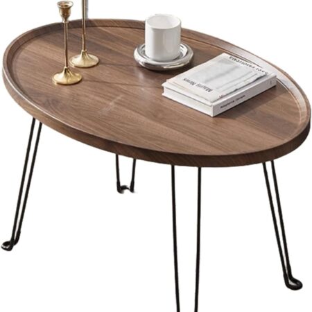 Emirates Living Oval Foyer Table, Folding Desk Without Shaking Blister Desktop, Creative Round Coffee Table for Small Space Eating, Dinner Folding Side Desk with Metal Frame, Riginal Wood
