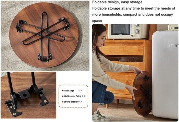 Emirates Living Round Foyer Table, Folding Desk Without Shaking Blister Desktop, Creative Round Coffee Table for Small Space Eating, Dinner Folding Side Desk with Metal Frame, Riginal Wood - Image 6