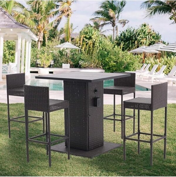 Emirates Living 5-Piece Rattan Patio Bar Set – Outdoor Wicker Furniture with Storage Shelf, Dining Table