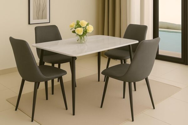 Emirates Living 4-Seater Ceramic Dining Set | Rectangular Table with Metal Legs & 4 Cushioned Chairs | Scratch-Resistant, Easy-to-Clean, Compact Dining Furniture for Homes & Apartments