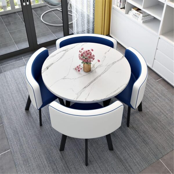 Emirates Living 5 Piece Round Dining Table Set for 4,Wooden Small Dining Table Set,1 Table and 4 Chairs Living Room Furniture Set,with 4 Upholstered Chairs,Dining Set (WHITE AND BLUE)