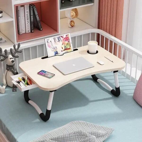 Emirates Living Portable Folding Laptop Desk for Bed，With iPad and Cup Holder Adjustable Lap Tray Notebook Stand, Foldable Non-Slip Legs Reading Table Tray for working (Off White)