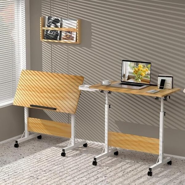 Emirates Living Mobile Standing Desk, Lifted Height Adjustable Bedside Laptop Desk Foldable Multifunctional Side Table Computer Desk for Bedroom Living Room Office Hospital Studio (Ancient oak) - Image 5