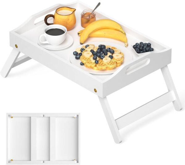 Emirates Living Multi-Function Bamboo Foldable Breakfast Table & Laptop Desk with Folding Legs and Handles - Versatile Bed Tray and Serving Table (WHITE) - Image 7