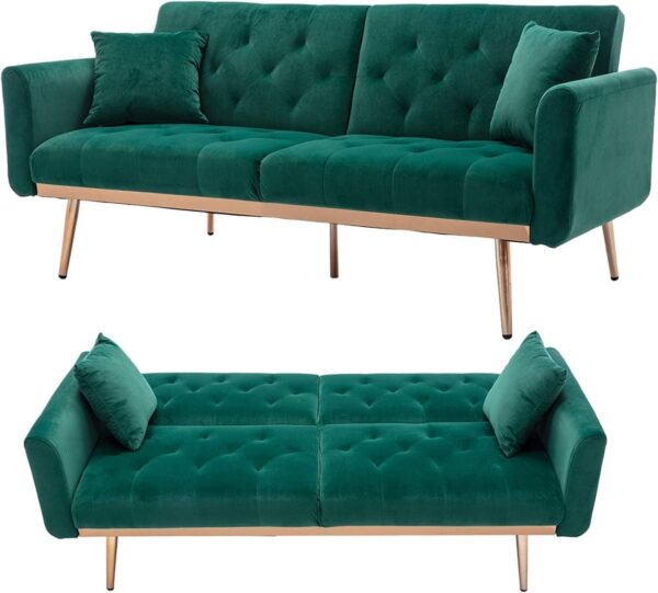 Emirates Living Light Luxury Velvet Convertible Modern Sofa Cum Bed (Dark Green)