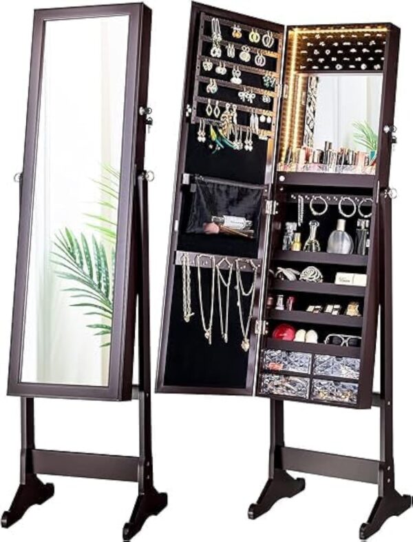 Emirates Living LED Jewelry Organizer, Standing Jewelry Storage Cabinet with Full-Length Mirror, Lockable Jewelry Armoire with Drawers (Brown)