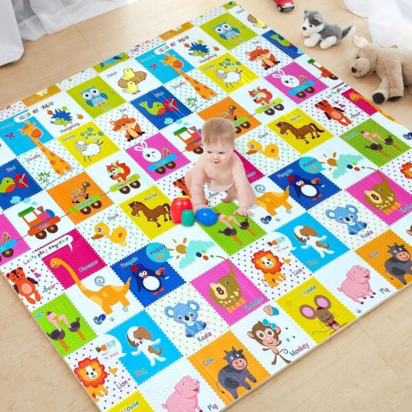 EMIRATES LIVING Baby Play Mat, Large XPE Waterproof Foam Foldable Baby Crawling Mat with Reversible Animals&Jungle Double-Sided Patterns, Anti-Slip Floor Playing Mats(79"×71") (ANIMAL PRINT)