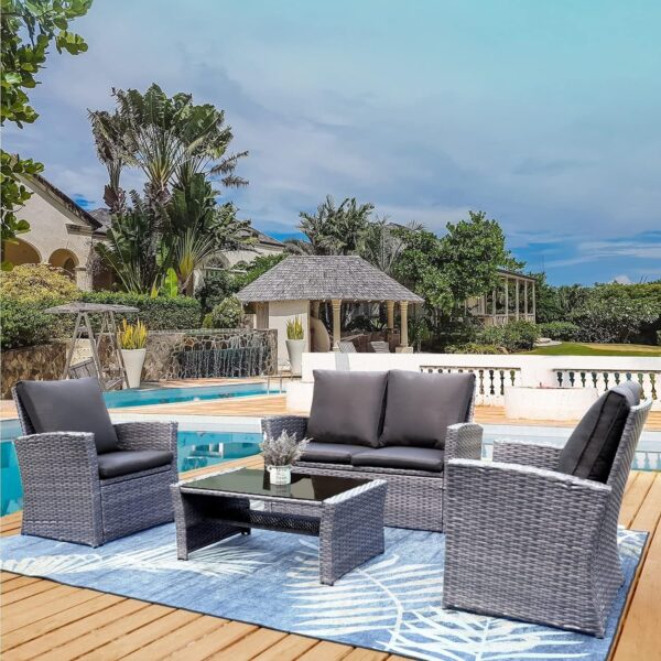 Emirates Living Garden Lounge Set 4 Piece with Cushions Patio Outdoor Lawn Yard Terrace Balcony Seat Seating Sitting Chair Furniture Poly Rattan Brown