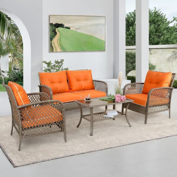 Emirates Living Outdoor 4-Piece Rocking Chair Set, Bistro Furniture Wicker Patio Chairs with Cushion, Tempered Glass Table for Backyard Porch Luxury sofa set (ORANGE)
