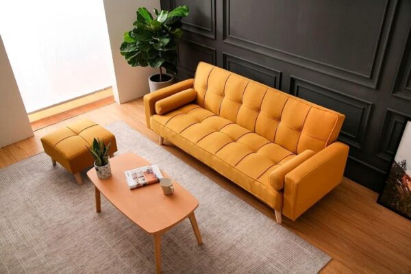 Emirates Living Light luxury fabric sofa bed sectional Furniture with square ottoman (Yellow)