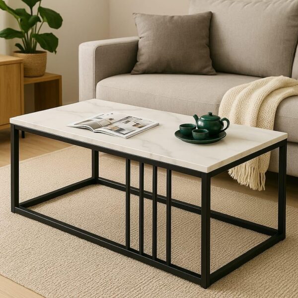 Emirates Living Modern Slate Coffee Table | Rectangular Center Table with Textured Top | Black Steel Legs | Minimalist Tea Table for Living Room, Dining Room, Office | 120 x 60 x 45 cm