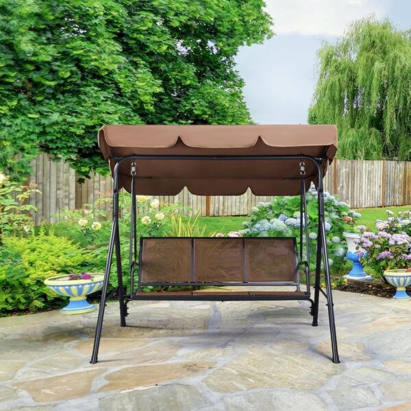 Emirates Living Stylish Outdoor Relaxation 3-Seater Canopy Swing Chair with Adjustable Steel Frame for Patio, Balcony, and Beach (BROWN)
