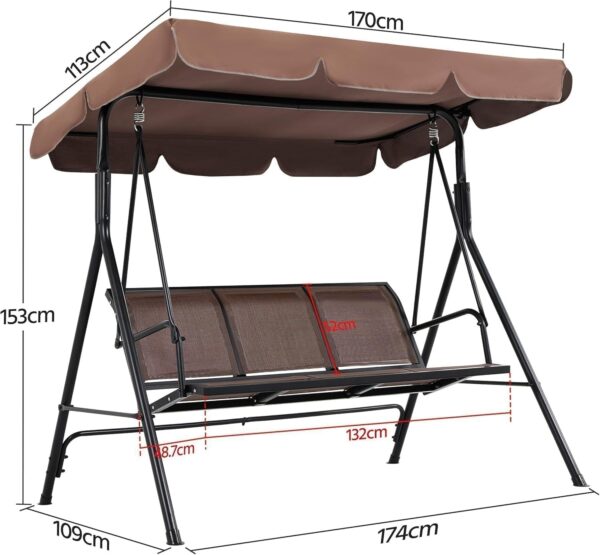 Emirates Living Stylish Outdoor Relaxation 3-Seater Canopy Swing Chair with Adjustable Steel Frame for Patio, Balcony, and Beach (BROWN) - Image 3
