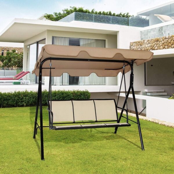 Emirates Living Stylish Outdoor Relaxation 3-Seater Canopy Swing Chair with Adjustable Steel Frame for Patio, Balcony, and Beach Beige -VI-HCS-10