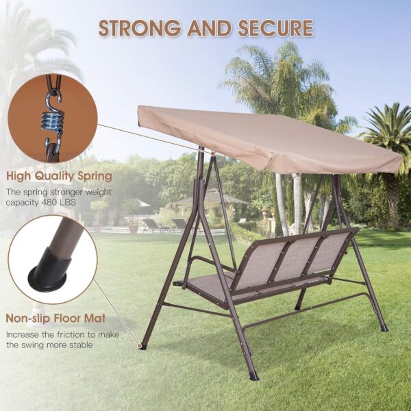 Emirates Living Stylish Outdoor Relaxation 3-Seater Canopy Swing Chair with Adjustable Steel Frame for Patio, Balcony, and Beach Beige -VI-HCS-10 - Image 5