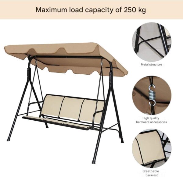 Emirates Living Stylish Outdoor Relaxation 3-Seater Canopy Swing Chair with Adjustable Steel Frame for Patio, Balcony, and Beach Beige -VI-HCS-10 - Image 7