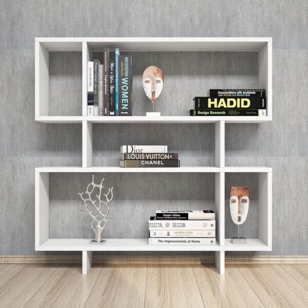Emirates Living Hera Bookcase with Shelves for Living Room Office White Wooden 100 x 20 x 100 cm