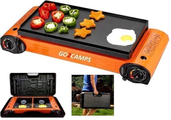 Emirates Living Double Burner Portable Gas Stove For Camping With Tong, Spatula and Carry Box - Image 5