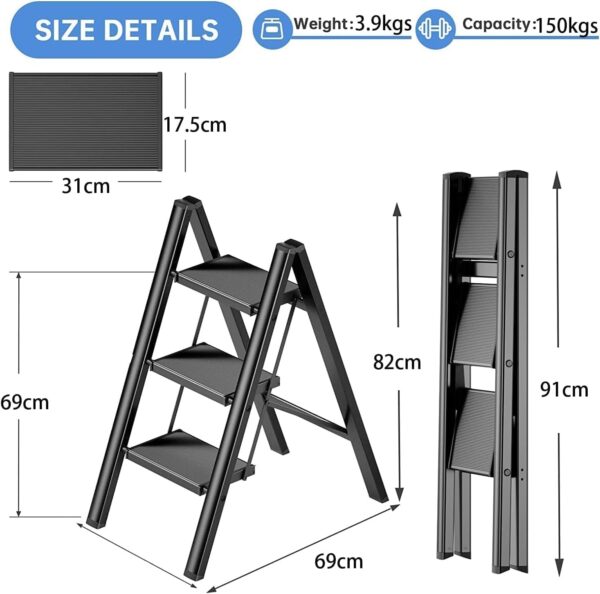 Emirates Living 3 Steps Ladder Aluminum Folding Step, Stool with Anti-Slip Sturdy and Wide Pedal Light weight, Portable Multi-Use Stepladder for Home and Kitchen Use Space Saving - Image 2