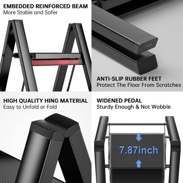 Emirates Living 3 Steps Ladder Aluminum Folding Step, Stool with Anti-Slip Sturdy and Wide Pedal Light weight, Portable Multi-Use Stepladder for Home and Kitchen Use Space Saving - Image 4