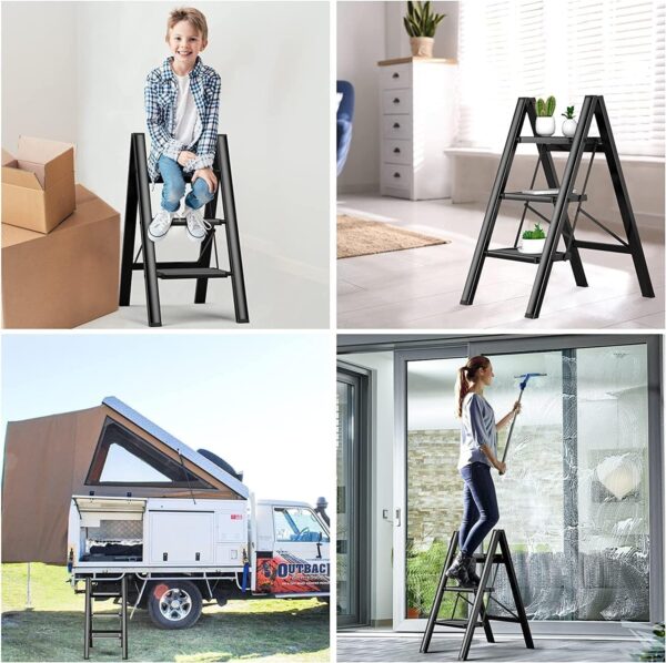 Emirates Living 3 Steps Ladder Aluminum Folding Step, Stool with Anti-Slip Sturdy and Wide Pedal Light weight, Portable Multi-Use Stepladder for Home and Kitchen Use Space Saving - Image 6