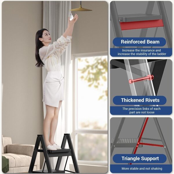 Emirates Living 3 Steps Ladder Aluminum Folding Step, Stool with Anti-Slip Sturdy and Wide Pedal Light weight, Portable Multi-Use Stepladder for Home and Kitchen Use Space Saving - Image 9